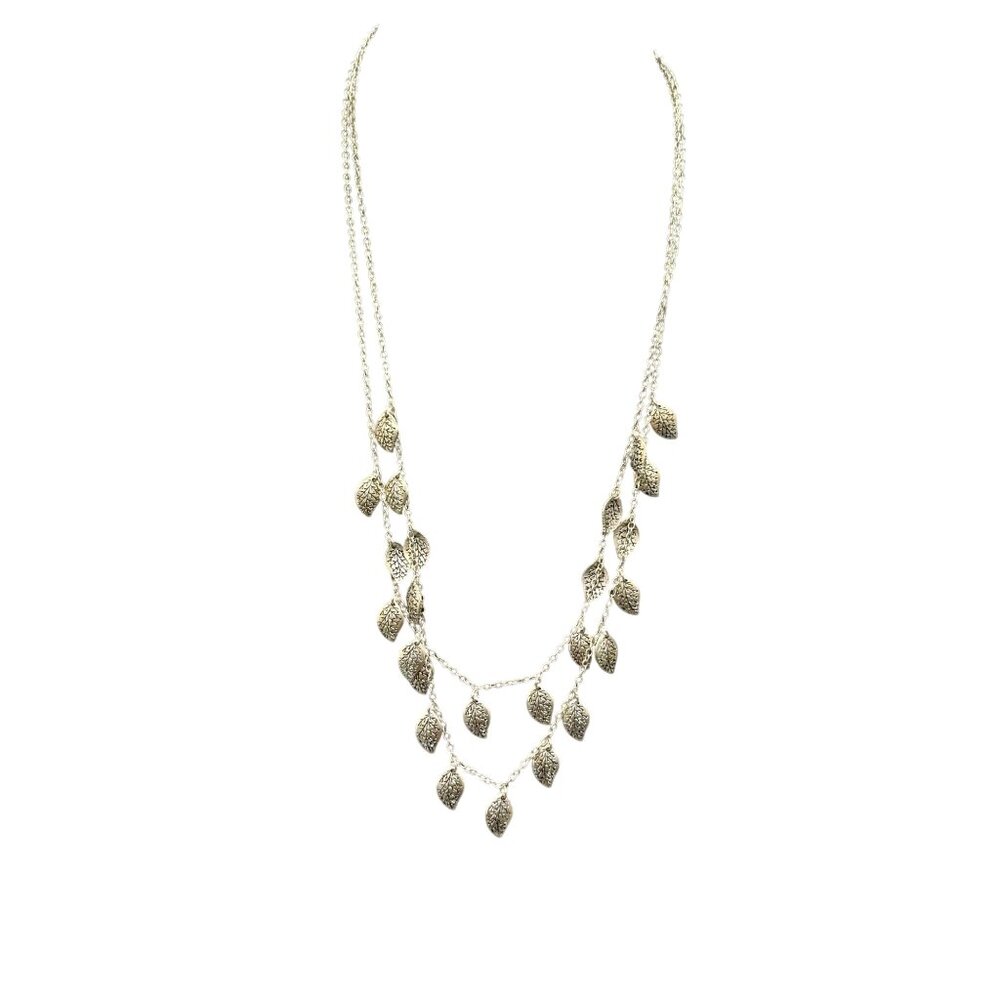 Engraved Leaves Station Double Strand Layered Chain Necklace Silver Tone - Picture 2 of 6